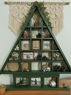 Wood Shadow Box Vintage and Handmade Tree Shaped Christmas Nature Miniatures